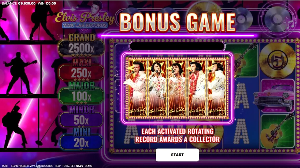 Tampilan visual slot Elvis Presley: Viva Las Records dengan nuansa neon Vegas