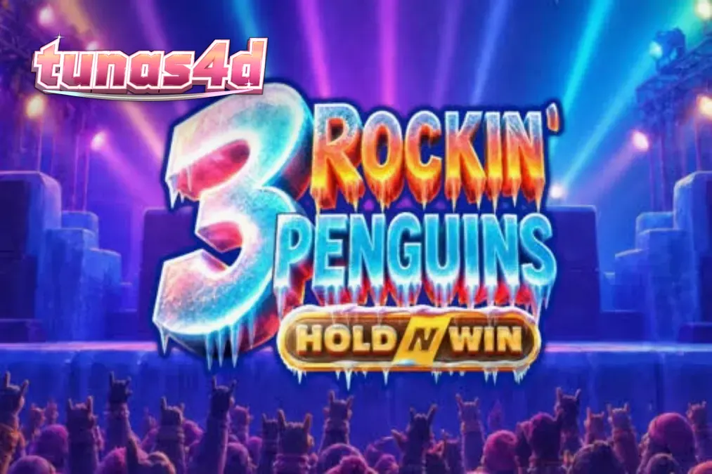 Tampilan visual slot 3 Rockin’ Penguins dengan tema konser penguin punk-rock